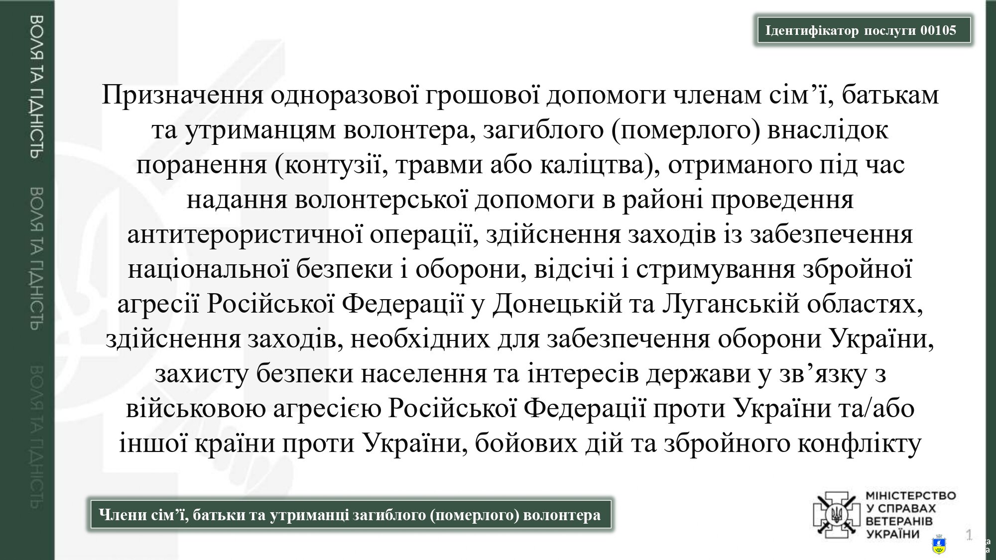 Призначення одноразової грошової допомоги родинам загиблих волонтерів, які постраждали під час виконання гуманітарної місії в умовах війни